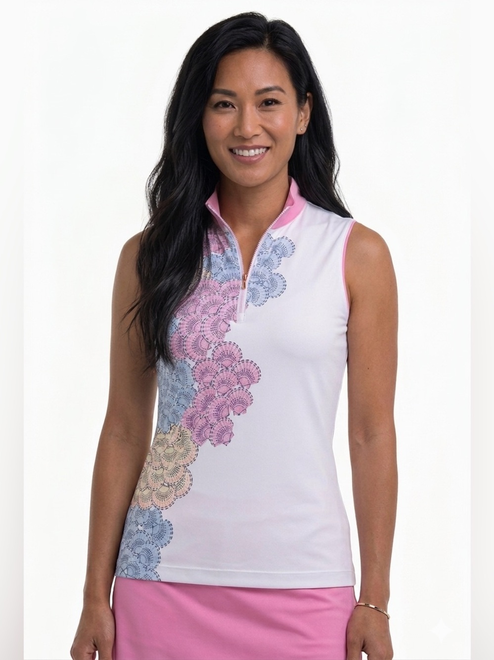 EP New York EPNY Womens Sleeveless Zip Mock Golf Polo Abstract Seashells